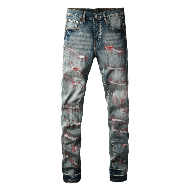 Purple Red Distressed Patch Jeans