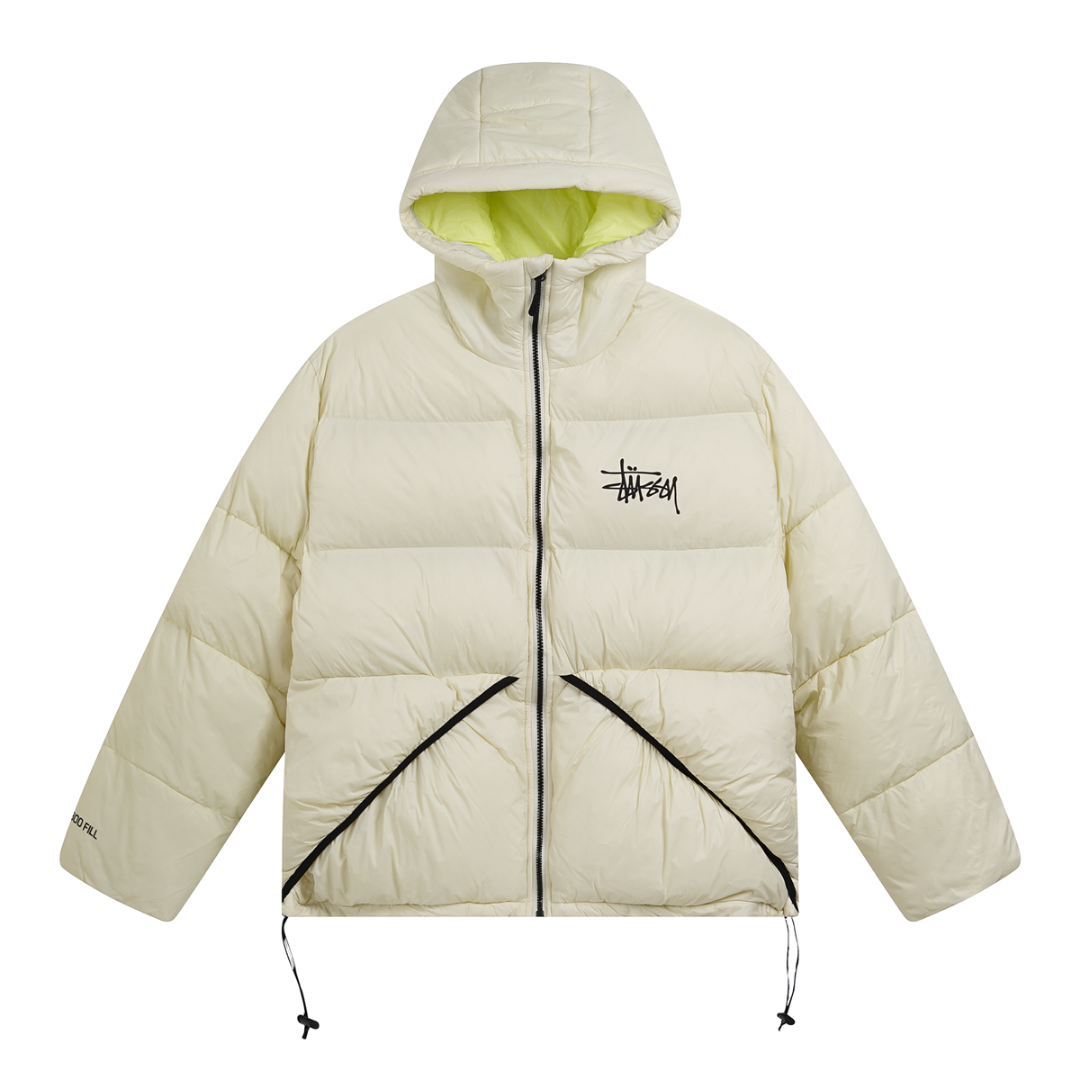 Stussy Puffer Jacket Crema Logo Negro