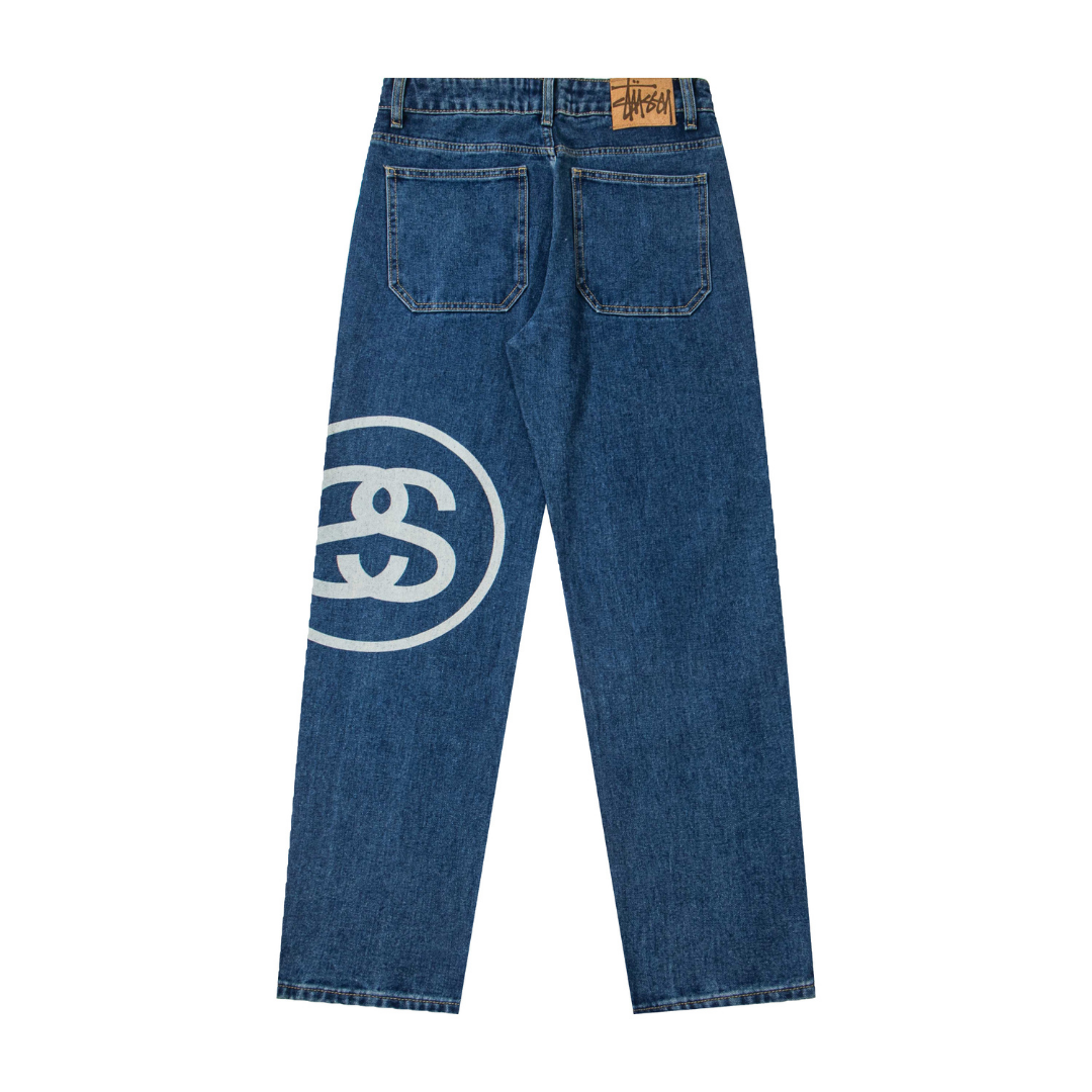 Stussy Jeans Azul Logo Blanco