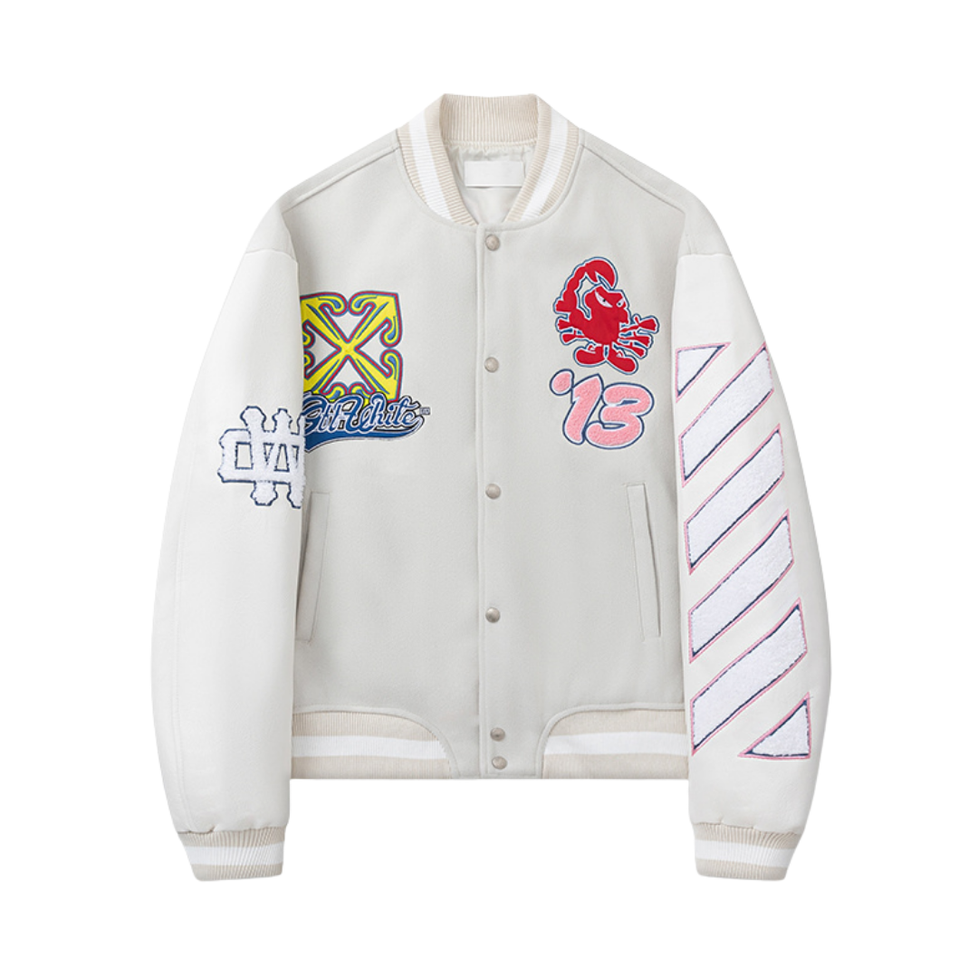 Off-White Off-W Varsity Jacket Cremoso Motivo Rosa