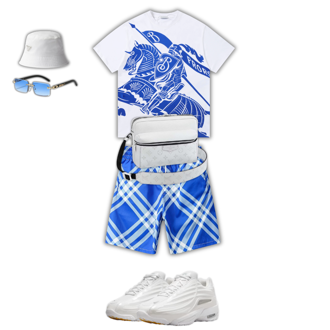 Outfit BB + Bag + Cap + Sunglasses + Sneakers Azul Blanco Plaid
