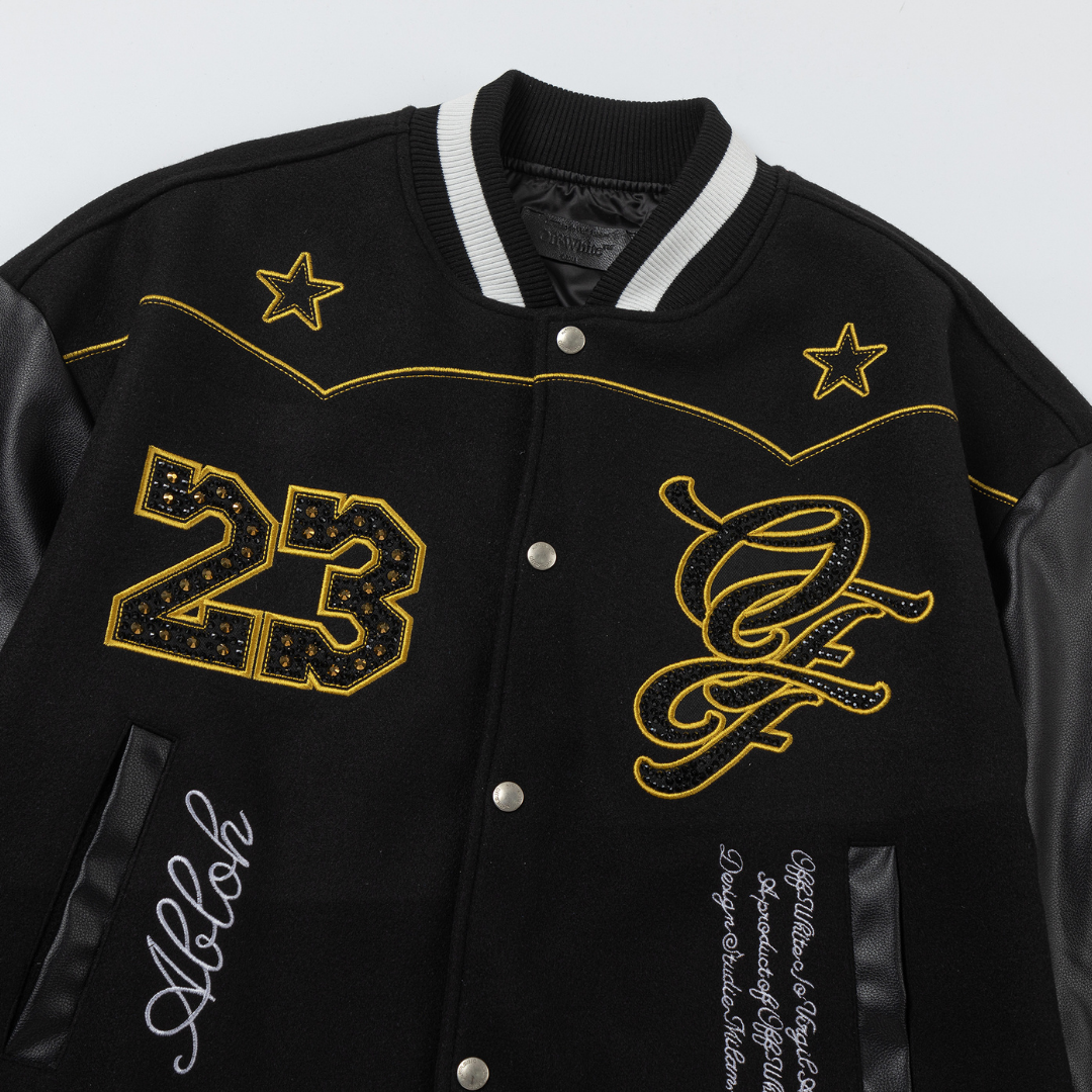 Off-White Off-W Varsity Jacket Negro Estrellas Amarillas