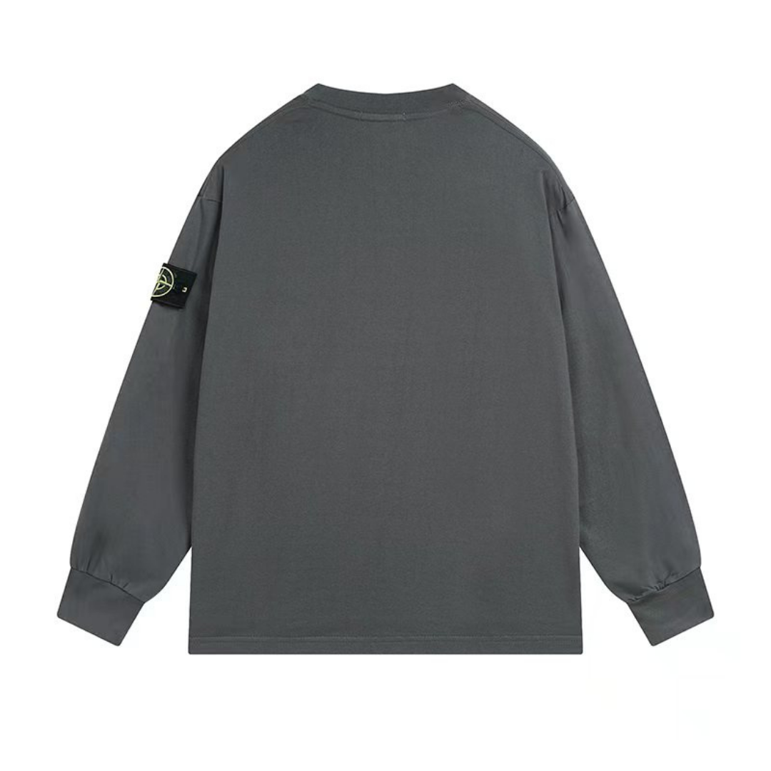 Buzo Stone Island Gris Liso Negro Logo Rojo
