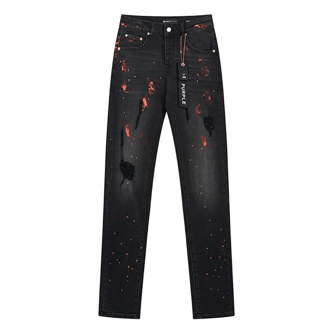 Purple Distressed Paint Jeans Estrellas Negro Blanco
