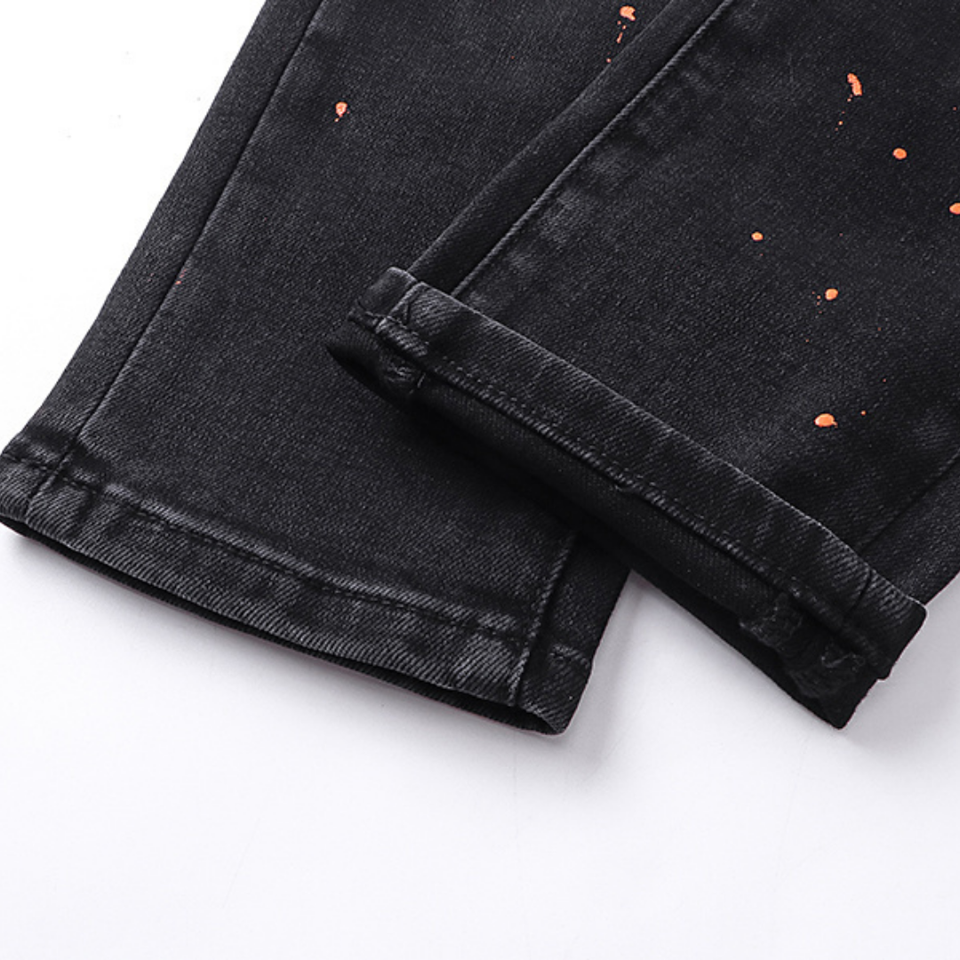Purple Distressed Paint Jeans Estrellas Negro Blanco